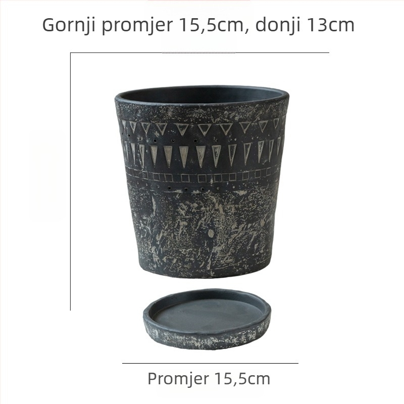 Cementni lonac za cvijeće, minimalistički vintage dizajn, prozračan, čvrst i otporan na koroziju, s reljefnim etničkim uzorkom, za stol ili pod.