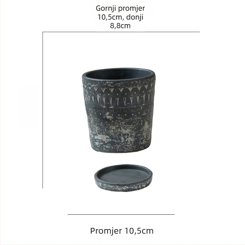 Cementni lonac za cvijeće, minimalistički vintage dizajn, prozračan, čvrst i otporan na koroziju, s reljefnim etničkim uzorkom, za stol ili pod.
