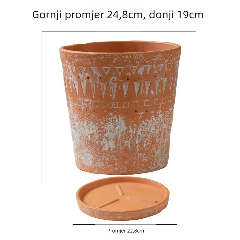 Cementni lonac za cvijeće, minimalistički vintage dizajn, prozračan, čvrst i otporan na koroziju, s reljefnim etničkim uzorkom, za stol ili pod.