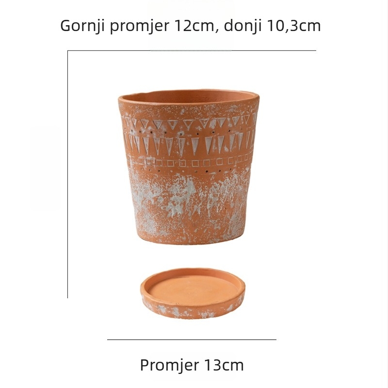 Cementni lonac za cvijeće, minimalistički vintage dizajn, prozračan, čvrst i otporan na koroziju, s reljefnim etničkim uzorkom, za stol ili pod.