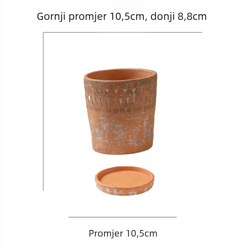 Cementni lonac za cvijeće, minimalistički vintage dizajn, prozračan, čvrst i otporan na koroziju, s reljefnim etničkim uzorkom, za stol ili pod.