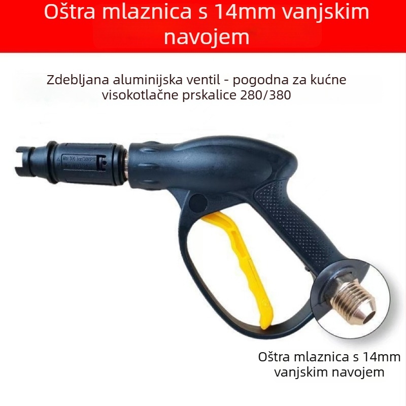 Visokotlačna pištolj za pranje automobila — mlaznica u obliku kljunastog kluna (Duckbill); glava: bakar + inženjerski plastici; drška: inženjerski plastici; tlak: 150; raspršivanje: 25
