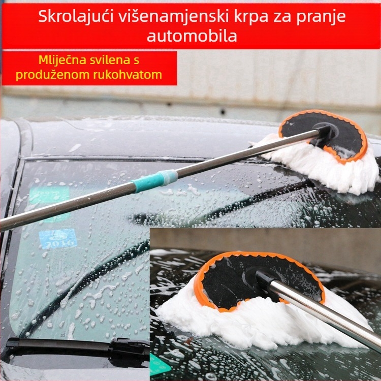 Mop za pranje automobila s vlaknima mliječne svile, nehrđajući čelični teleskopski štap, duga drška, mogućnost prilagođavanja