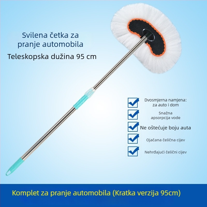 Mop za pranje automobila s vlaknima mliječne svile, nehrđajući čelični teleskopski štap, duga drška, mogućnost prilagođavanja
