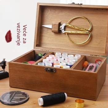 Set za šivanje u drvenoj kutiji – prijenosno, višestruko namjenski, set igala i konca