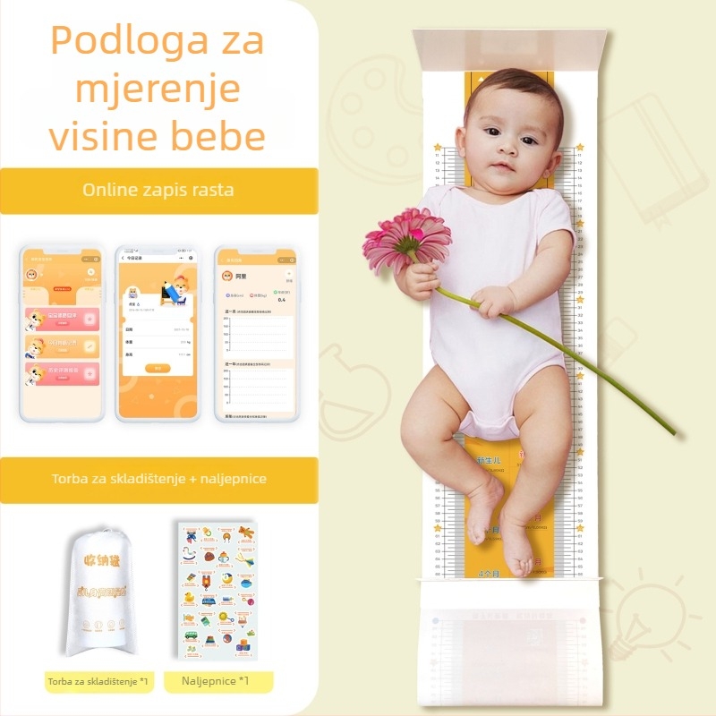 Jastučić za mjerenje visine djeteta s torbom za pohranu i naljepnicama, crtani dizajn, prilagodljiv, perivo PVC, kvadratnog oblika