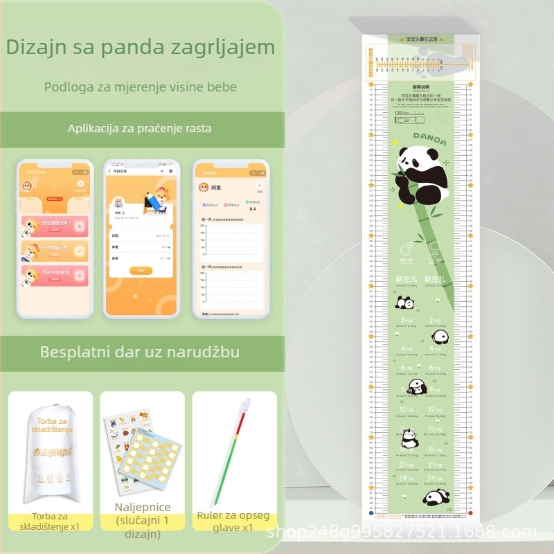 Jastučić za mjerenje visine djeteta s torbom za pohranu i naljepnicama, crtani dizajn, prilagodljiv, perivo PVC, kvadratnog oblika
