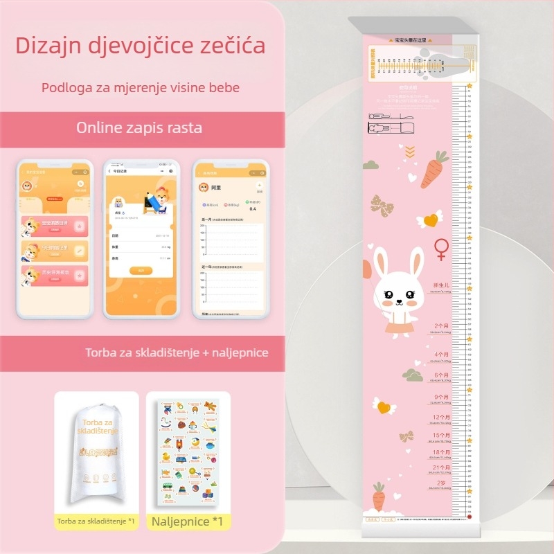 Jastučić za mjerenje visine djeteta s torbom za pohranu i naljepnicama, crtani dizajn, prilagodljiv, perivo PVC, kvadratnog oblika