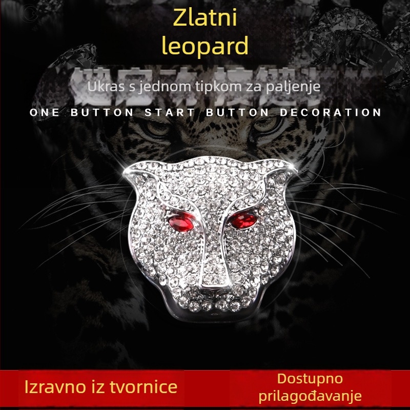 Dekorativni poklopac tipke za paljenje s glavom leoparda i kristalima; cinkov metal; bez logotipa; automobilska zaštitna naljepnica