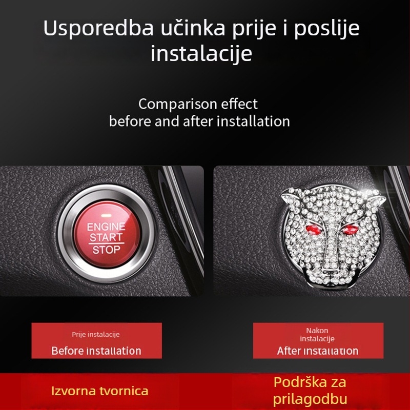 Dekorativni poklopac tipke za paljenje s glavom leoparda i kristalima; cinkov metal; bez logotipa; automobilska zaštitna naljepnica