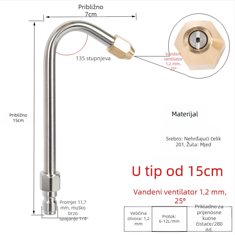 Visokotlačna prskalica za pranje automobila, zakrivljena nehrđajućeg čelika šipka, glava od zlitine, za male prostore, tlak 200, masa 100 g