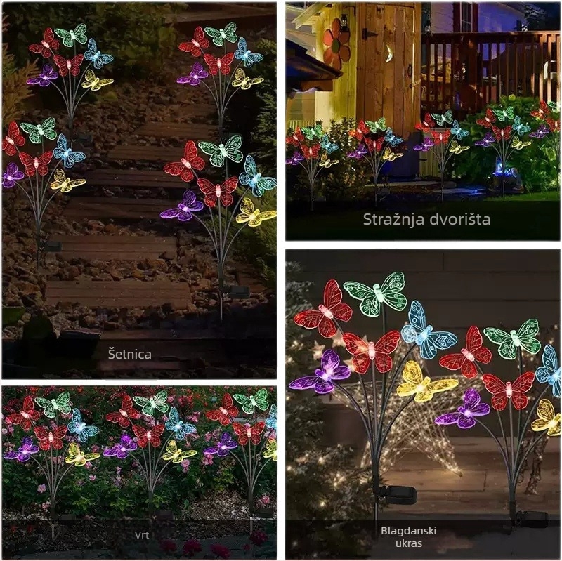 Solarna lampica leptir za travnjak — vanjska LED dekorativna svjetiljka za dvorište, IP65 vodootporna, PVC materijal, 0,05W, trajanje 6–12 sati