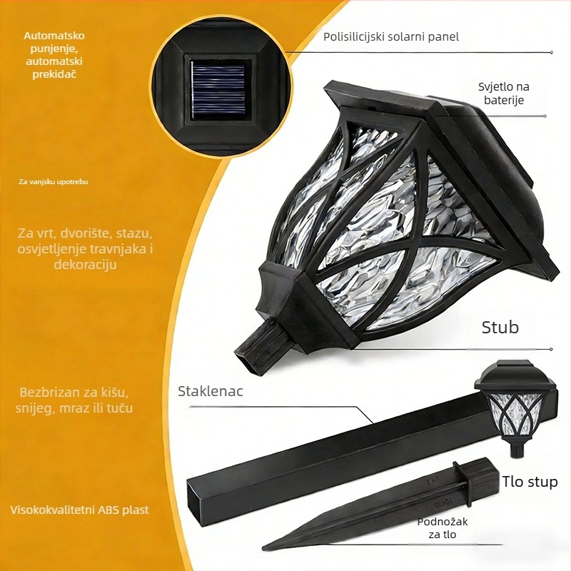 Solarno vrtno svjetlo IP65, vodootporno, 10–15W, kućište ABS, senzor pokreta, ugrađivi kolac za tlo