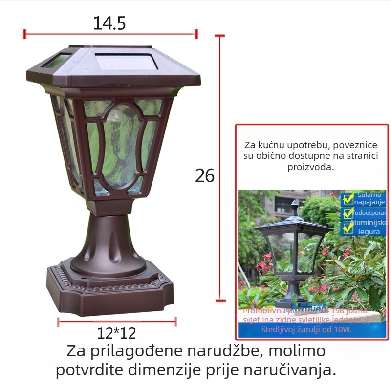 Solarna stupnja lampa za vanjsku upotrebu, LED, europskog stila vrt i dvorište, IP55, dugi vijek trajanja