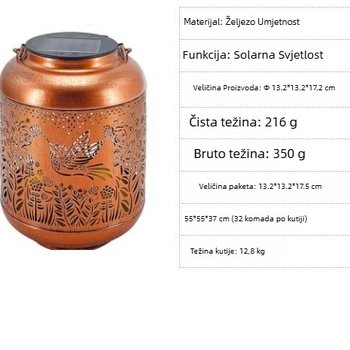 Kovani željezni fenjer za vanjsku upotrebu s LED, motiv kolibri, IP65 vodootporan, snaga 0.06 W, napon 1.2 V, trajanje osvjetljenja 6–12 sati