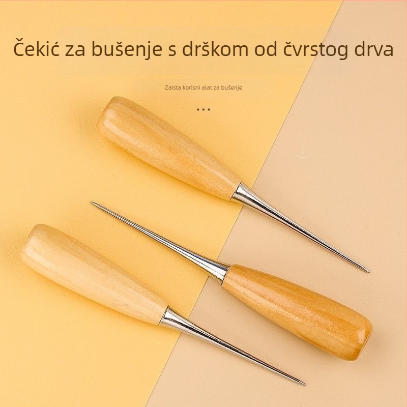 Šilo za kožu s drvenom drškom i kružnim otvorom – ručno izrađeni DIY alat, s futrolom, miješani materijali