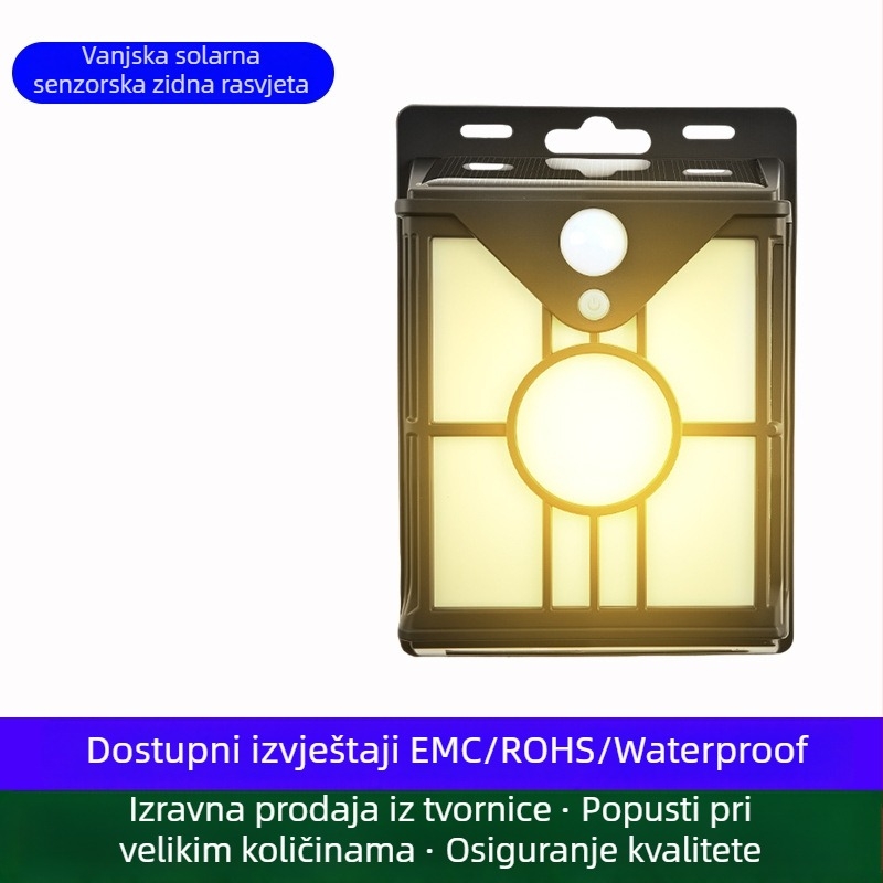 Solarna vanjska zidna svjetiljka s senzorom pokreta za vrt i dvorište, topla svjetlost, 5W, IP65, 220V, trajanje rada 16–24 h