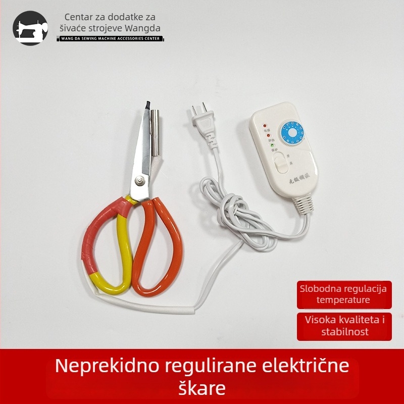 Električne škare s podešavanjem temperature za rezanje traka, zatvorača i elastičnih traka; snaga 150 W, maksimalni rezni kapacitet 10, napon 50–250 V.
