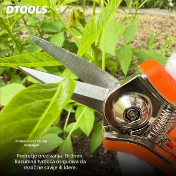 Škare za podrezivanje u vrtu — nehrđajući čelik; oštrica duljine 42 mm; ukupna duljina 150 mm; promjer podrezivanja 30 mm; drška od cinkovog legura + TPR