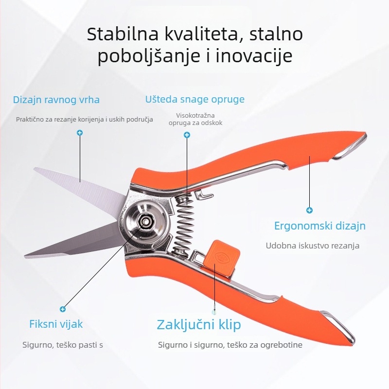 Škare za podrezivanje u vrtu — nehrđajući čelik; oštrica duljine 42 mm; ukupna duljina 150 mm; promjer podrezivanja 30 mm; drška od cinkovog legura + TPR