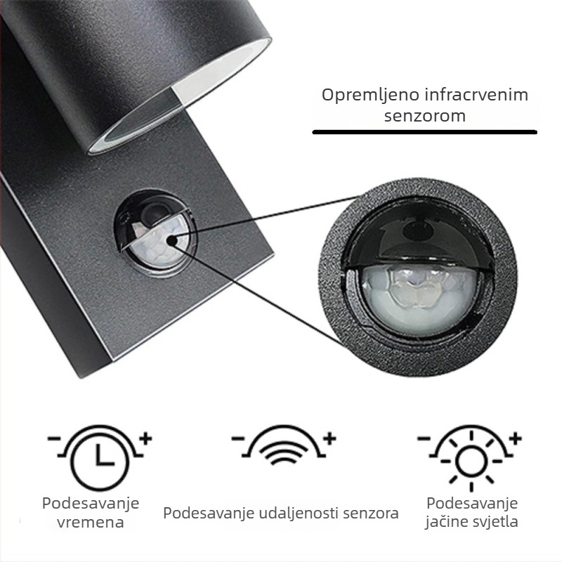 Vanjska zidna svjetiljka s PIR senzorom, aluminijska legura, IP44, 110-240V, radni vijek 50.000 sati