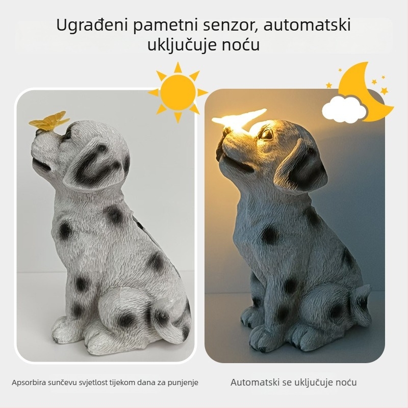 Solarna lampica za vrt od smole sa štenadom i leptirom — ručni prekidač, solarna energija, 6–12 sati kontinuiranog osvjetljenja, pastoralni stil