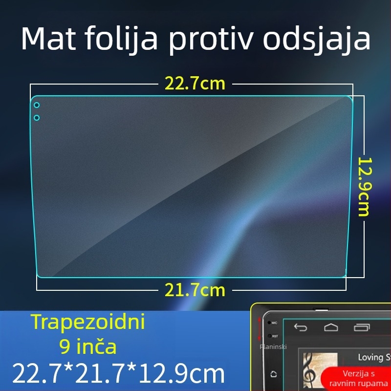 Zaštitno filmsko zaštita za zaslon automobilske navigacije, trapezno oblikovana, mat, anti-refleks, za zaslone 9/10.2 i 10.1 inča centralne konzole