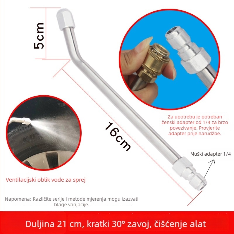 Wangchi visokotlačni pištolj za pranje automobila s zakrivljenom šipkom i mlaznicom, 1/4 brzog priključka, glava od aluminijske legure, ručka od nehrđajućeg čelika, domet prskanja 11, tlak vode 100