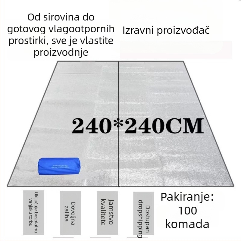 Dvostrani podmetač s aluminijskom folijom protiv vlage — piknik podloga, kompozit od perlaste pamuka, 260 g, za 4–6 osoba, protuklizna