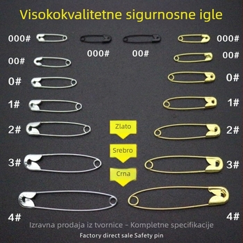 Set sigurnosnih igli za značku u srebrnoj, zlatnoj i crnoj boji – metalne igle za značku u svim veličinama