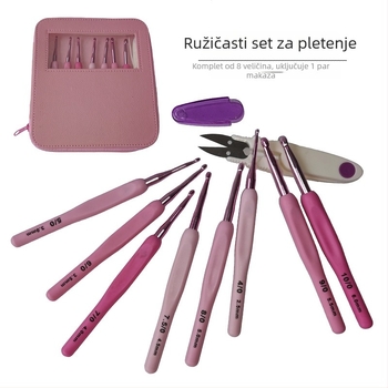 Set aluminijskih kukica za pletenje (8 kom) s mekanim plastičnim držačima, PU pakiranje, uključuje škarice za konac