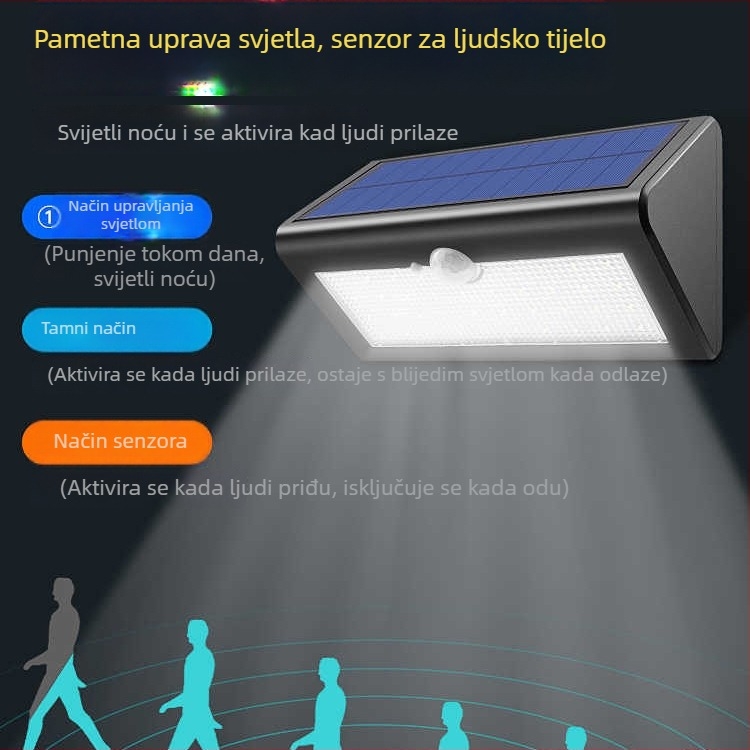 Solarsko vanjsko svjetlo za vrt s senzorom pokreta, IP66 vodootporno, 5000 lm, 6000K, LED zidno svjetlo 100-300W