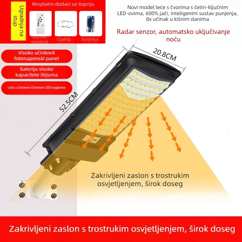 Nova solarna ulična rasvjeta s lećom, LED modul četverodijelni, inženjersko osvjetljenje, dvorišna solarna svjetiljka s litijskom baterijom