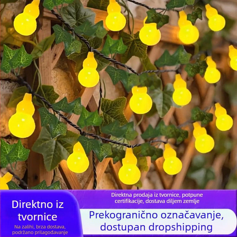 Solarna LED svjetlosna nit s lampom u obliku zelenog lišća i tikve, ratanska lanterna, za dvorište i balkon – dekorativno vanjsko osvjetljenje