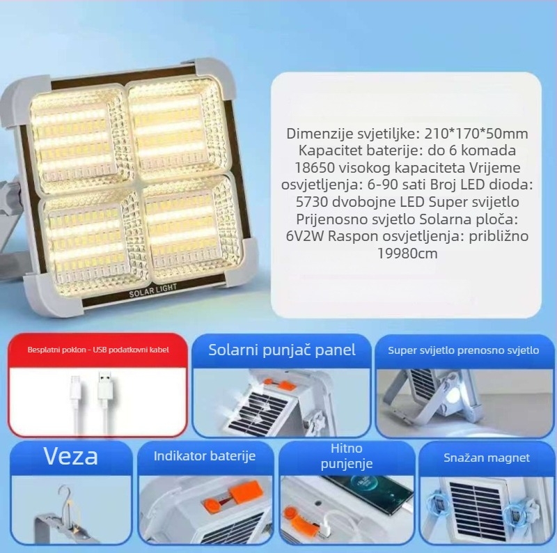 Solarna LED svjetiljka za vrt, višenamjenska nužna rasvjeta, vanjska prijenosna rasvjeta, IP66, LED izvor svjetla, nominalna snaga 50, 6V, trajanje rada 6-12 sati