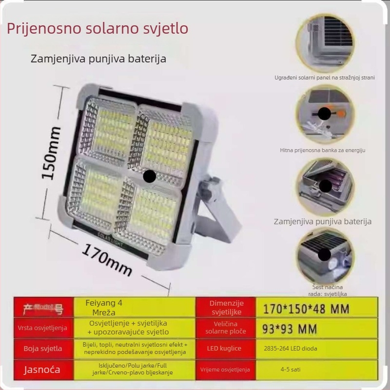 Solarna LED svjetiljka za vrt, višenamjenska nužna rasvjeta, vanjska prijenosna rasvjeta, IP66, LED izvor svjetla, nominalna snaga 50, 6V, trajanje rada 6-12 sati