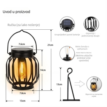 Solarna svjetiljka s volframovim vlaknom, model L2325C; 2 W; 1.2 V; konstrukcija od željeza i ABS-a; trajanje osvjetljenja 6–12 sati