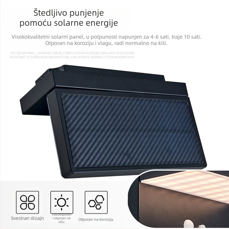 Solarna vanjska zidna svjetiljka, vodootporna, kvadratnog dizajna, daljinsko upravljanje, 6V 1.2W polisilikon, trajanje rasvjete 24–36 sati