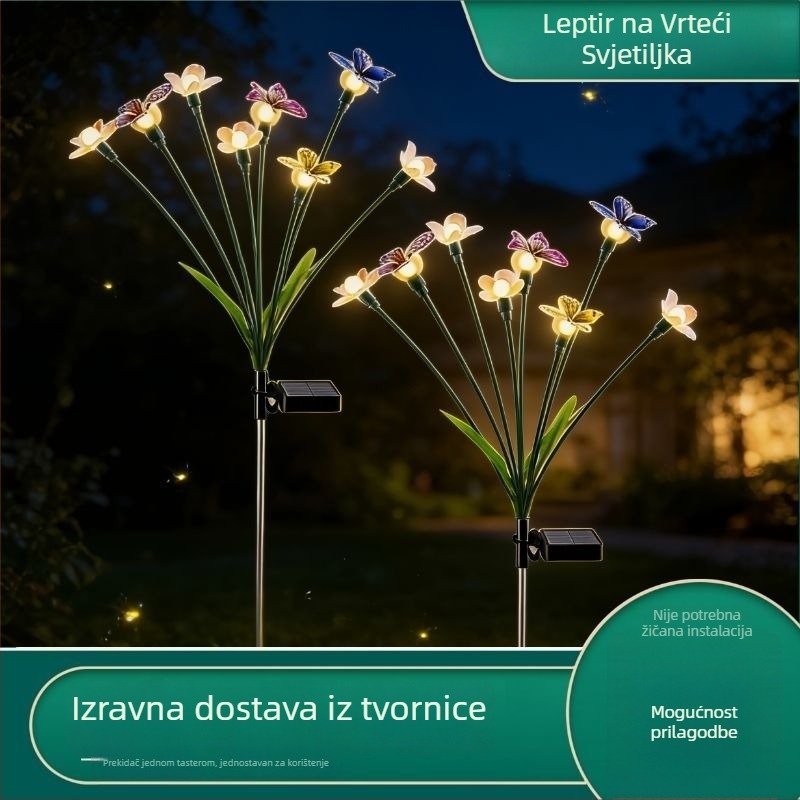 Vanjska solarna LED svjetiljka u obliku leptira sa swinganim pokretom, stalk od nehrđajućeg čelika, IP65 vodonepropusno, 0,05 W, 6–12 sati rada, ROHS certificirano
