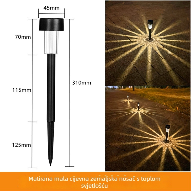 Solarna lampica za travnjak – vanjska upotreba • 5W • Materijal: ABS + nehrđajući čelik • Kontinuirano osvjetljenje 6–12 sati • Oblik: mala cijevna svjetiljka