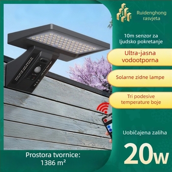 Solarna vanjska zidna svjetiljka za vrt s senzorom pokreta, IP65, 10W, 3.2V, radno vrijeme 12–16h