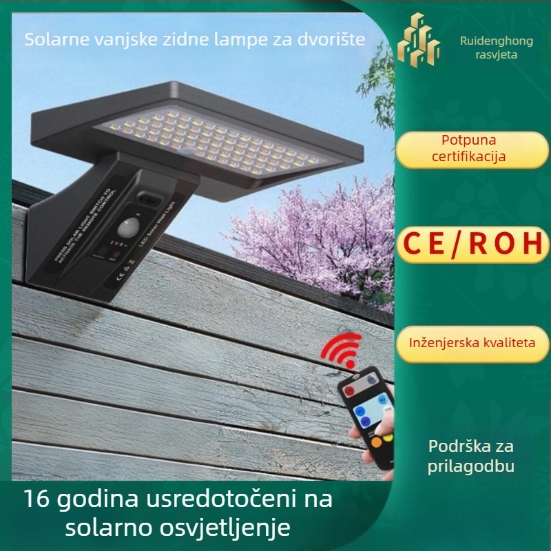 Solarna vanjska zidna svjetiljka za vrt s senzorom pokreta, IP65, 10W, 3.2V, radno vrijeme 12–16h