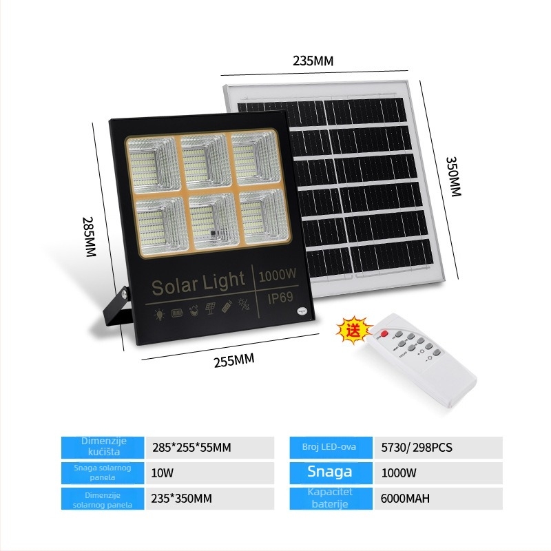 Solarni LED reflektor za vanjsku upotrebu IP65 s daljinskim upravljačem, snaga 100, model XZ-HJG-4
