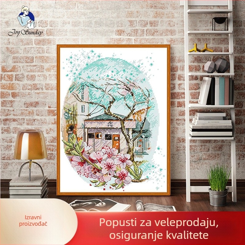 Set za križno šivanje: Motiv krajolika s cvjetovima trešnje u punom cvatu, 14 ct ekološka pamuka, stil lagani luksuz