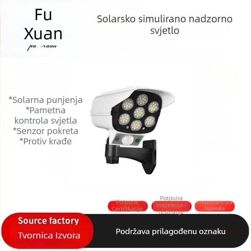 Solarnu nadzorna rasvjeta za dvorište s kamerom i senzorom pokreta, model S20 — snaga 10 W, LED SMD 2835, napon 3,7 V, IPX4 zaštita, trajanje rasvjete 6–12 sati, vijek 30000 h