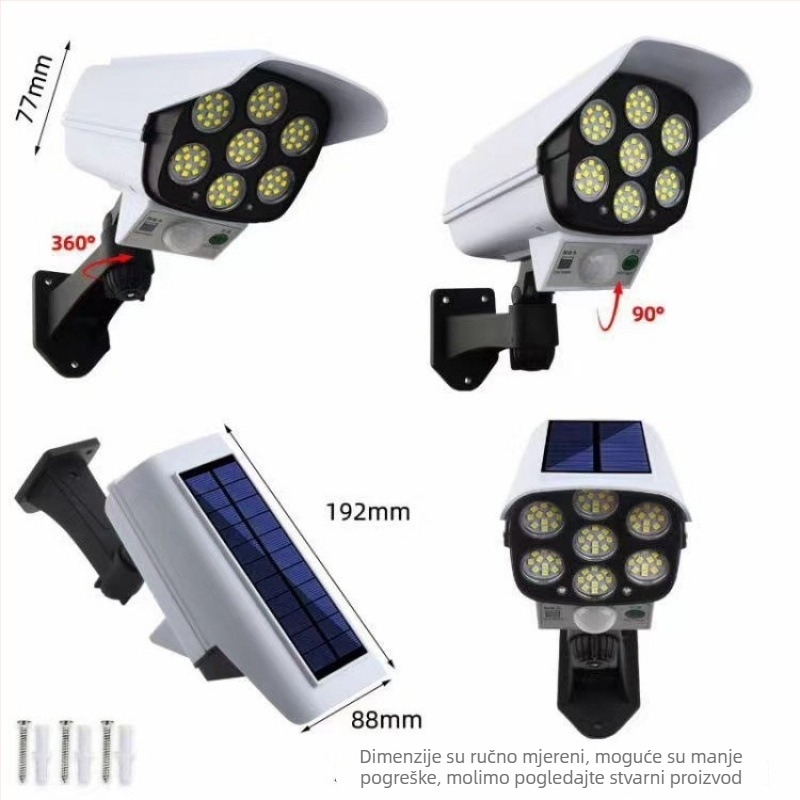 Solarnu nadzorna rasvjeta za dvorište s kamerom i senzorom pokreta, model S20 — snaga 10 W, LED SMD 2835, napon 3,7 V, IPX4 zaštita, trajanje rasvjete 6–12 sati, vijek 30000 h
