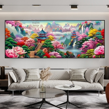 Set za križićno šivanje: krajolik uzorak, pamuk materijal, platno 9CT, moderni minimalistički stil, Blue heart marka