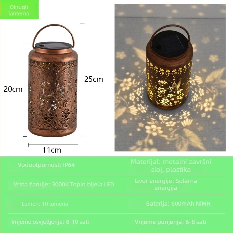 Kolibri solarna vanjska lampa za dvorište – rezbareni dizajn, kovano željezo, vodonepropusna, LED, IP64, model Me25007, 1.2V, 6–12 sati osvjetljenja