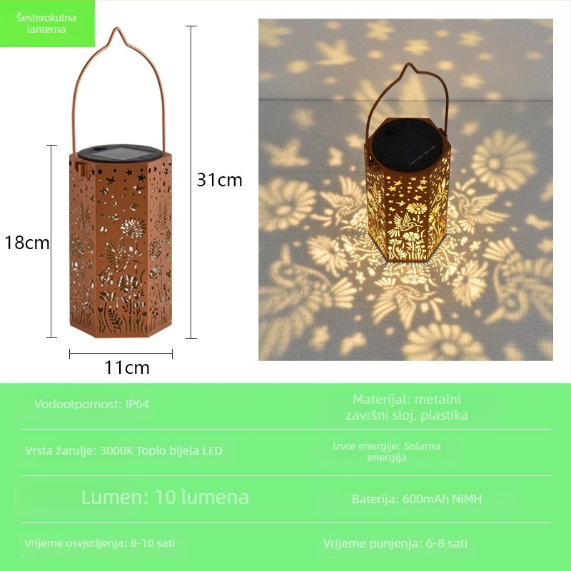 Kolibri solarna vanjska lampa za dvorište – rezbareni dizajn, kovano željezo, vodonepropusna, LED, IP64, model Me25007, 1.2V, 6–12 sati osvjetljenja