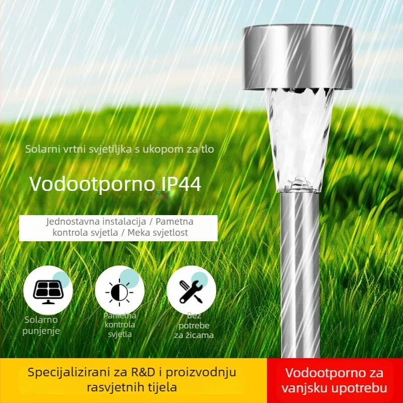 Solarna lampa za travnjak s kolcem – Model 45, nehrđajući čelik, IP33, 0.06 W, radno vrijeme 16–24 h